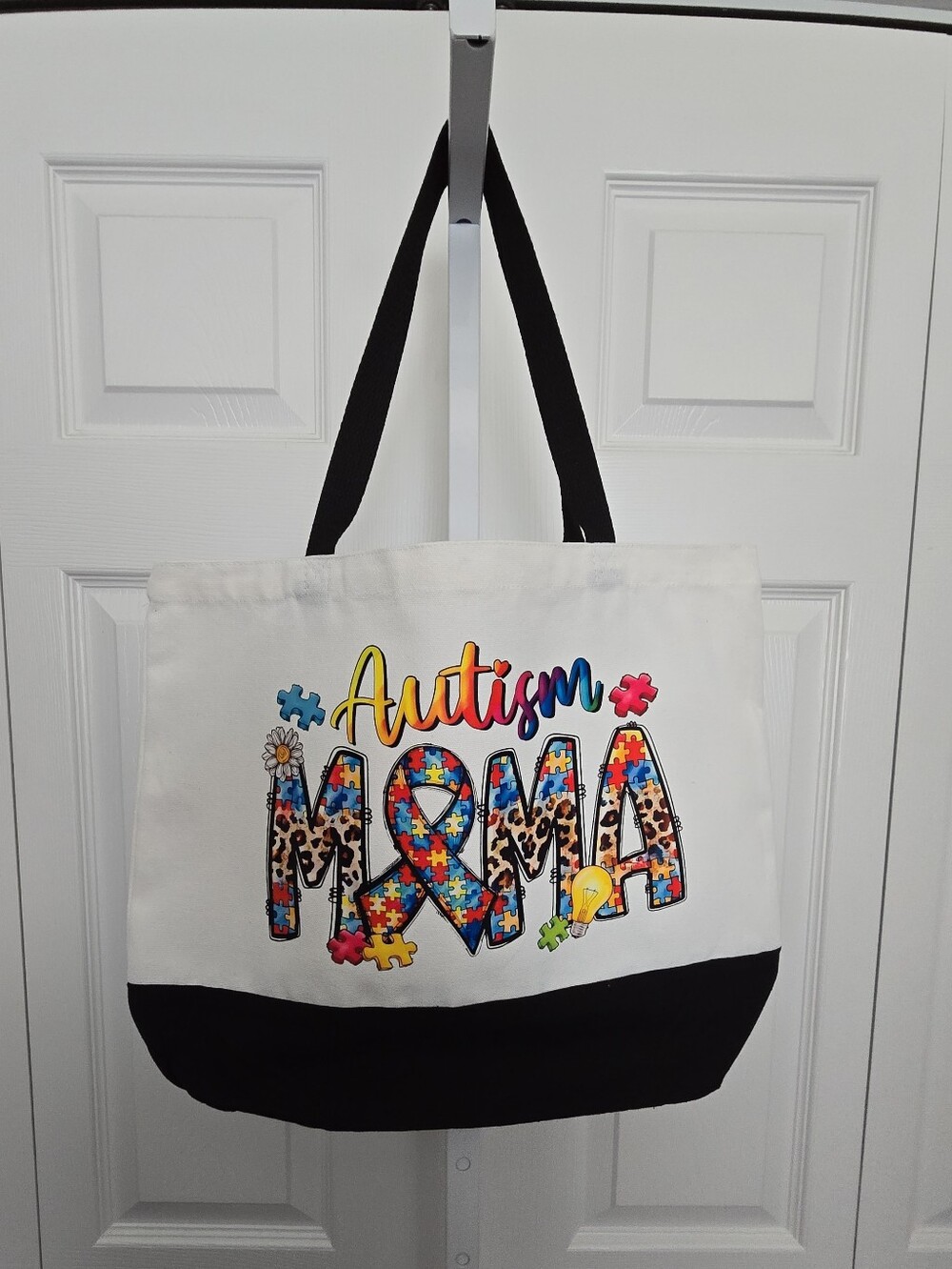 Custom Autism Mom Canvas Tote Bag - White and Black